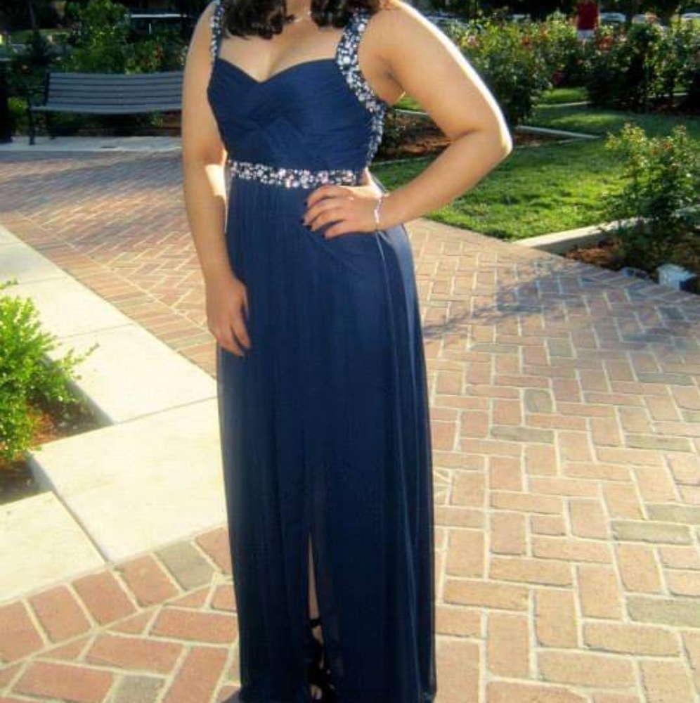 Criss-Cross Pleated Navy Chiffon Beaded long Dress